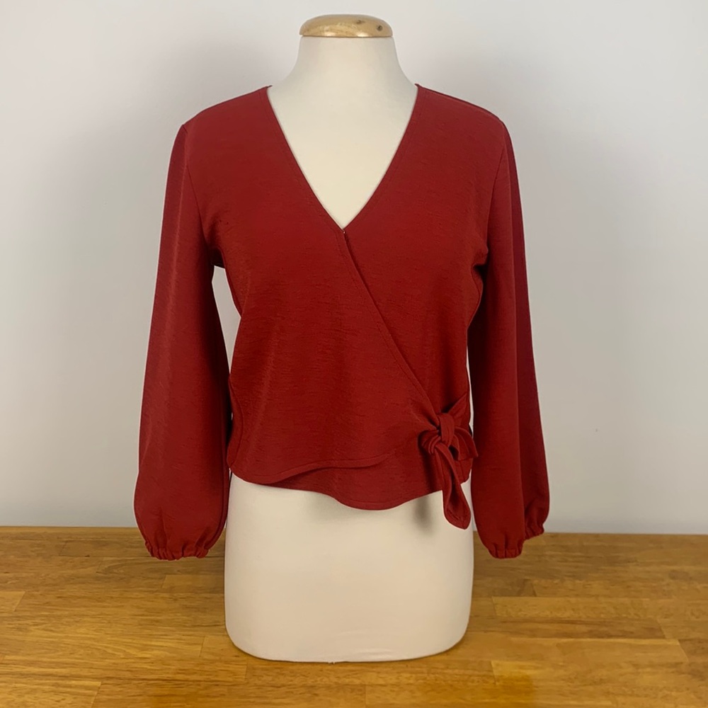 Red Wrap Side Tie Blouse Top with Bishop Sleeves/Balloon Sleeves - Madewell
